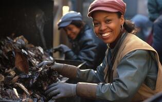 ai generado sonriente mujer con guantes dumping basura, social responsabilidad imagen foto