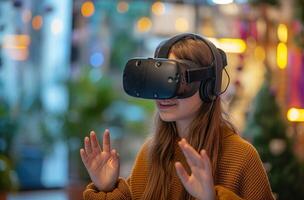 AI generated Girl in vr headsets playing hands in the air immersed in virtual reality experience photo