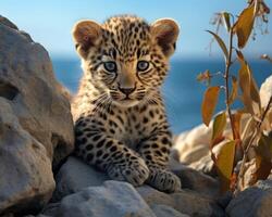 AI generated Little leopard sits on rocks, baby wild animals picture photo