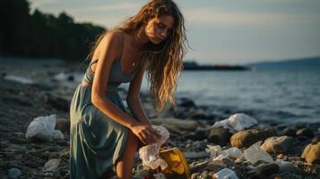 AI generated Girl picking up garbage from beach, social responsibility image photo