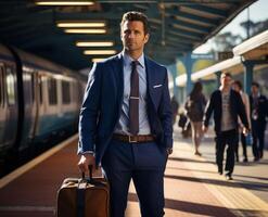 AI generated Businessman in suit standing at train station, public transport city picture photo