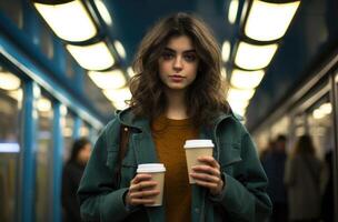 AI generated Woman in metro station holding coffee cup, city commute photo