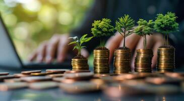 AI generated Person working on computer behind stack of coins trees growing in the background, accountability photo