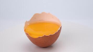 Broken egg in half eggshell is turning on white background. close up of egg yolk in eggshell video