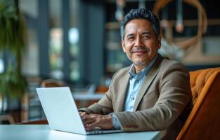 AI generated Executive man on laptop in office focused on work, responsibility picture photo