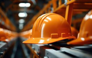 AI generated Close up shot of orange hard hat on pipe, construction and engineering image photo