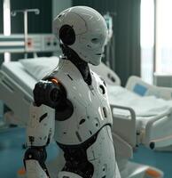 AI generated Robot standing beside hospital bed photo