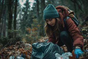 AI generated A woman picking up garbage in the forest, social responsibility photo