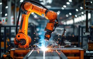 AI generated Industrial robot welding at factory photo