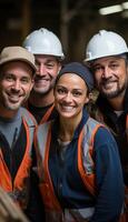 AI generated Construction team in hazmat vests working together at an industrial building, construction and engineering image photo