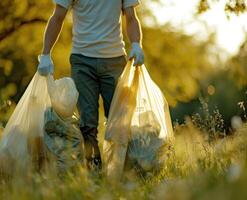 ai generado hombre vistiendo guantes que lleva basura pantalones en herboso área, social responsabilidad imagen foto