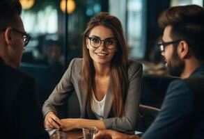 ai generado un mujer vistiendo lentes durante un corporativo negocio reunión, contratación imagen para trabajo publicaciones foto