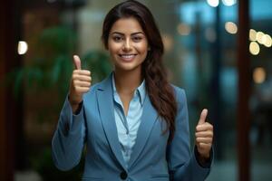 AI generated A woman in business attire showing approval with a thumbs up in an office, professional job interview attire image photo