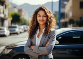 AI generated Smiling business woman with folded arms outside office building, professional job interview attire image photo