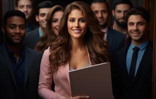 AI generated A lady holding a folder with business colleagues, hiring image for job postings photo