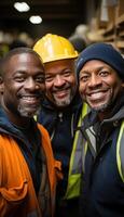 AI generated Three diverse construction workers smiling at camera in warehouse showcasing unity and positivity at work, construction and engineering image photo