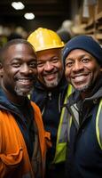 ai generado Tres diverso construcción trabajadores sonriente a cámara en almacén exhibiendo unidad y positividad a trabajar, construcción y Ingenieria imagen foto