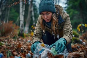 ai generado mujer cosecha arriba basura en bosque, social responsabilidad imagen foto