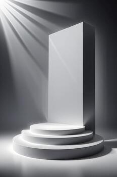 AI generated Three-dimensional color realistic product podium in rays of light on a monochrome background. Generative AI photo