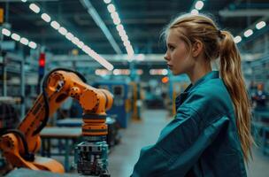 AI generated Woman in workshop views robotic device in factory photo