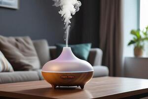 AI generated Aroma oil diffuser with rising steam flow on table in living room. photo