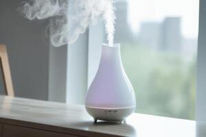 AI generated Aroma oil white glass diffuser with rising steam flow on table by window. photo