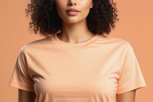 AI generated Woman in peach fuzz colored tshirt, can be used for design, mock up. The trending color of 2024. photo