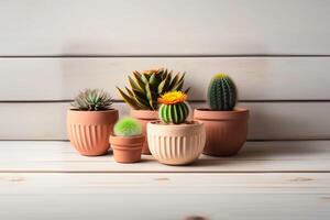 AI generated Lots of cacti in clay pots on a white wooden table. a photo in a light key. Generative AI.