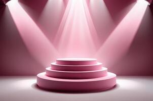 AI generated Three-dimensional pink realistic product podium in rays of light on a monochrome background. photo