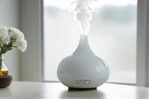 AI generated Aroma oil white glass diffuser with rising steam flow on table by window. photo