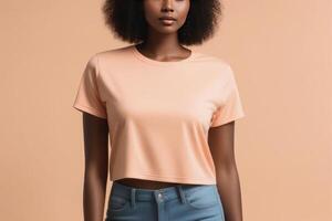 AI generated Woman in peach fuzz colored tshirt, can be used for design, mock up. The trending color of 2024. photo