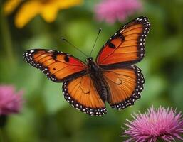 AI generated Swallowtail butterfly on flower and water. photo