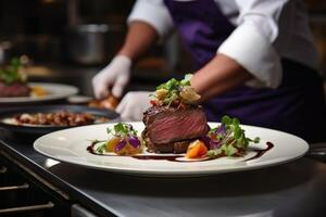 ai generado Maestro cocinero cocinar hombre manos precisamente Cocinando vendaje preparando sabroso Fresco delicioso Agua en la boca gastrónomo plato comida en plato a clientes 5 estrellas michelín restaurante cocina de cerca foto