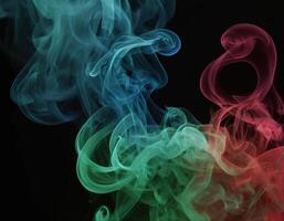 ai generado rojo, verde y azul fumar con negro antecedentes. fumar mezcla en oscuro habitación. generativo ai foto