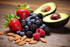 AI Generated Close up healthy food selection various tasty fruits avocado strawberry assorted berry nuts seeds on rustic wooden background copy space. Superfood vitamin mix many different berry photo