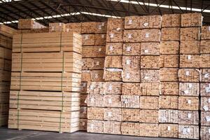 background of pattern wood section. Grid of wood squares. the raw of material timber on stack. photo