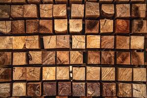 background of pattern wood section. Grid of wood squares. the raw of material timber on stack. photo