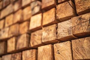 background of pattern wood section. Grid of wood squares. the raw of material timber on stack. photo