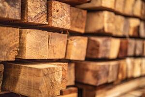 background of pattern wood section. Grid of wood squares. the raw of material timber on stack. photo