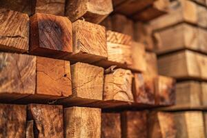 background of pattern wood section. Grid of wood squares. the raw of material timber on stack. photo