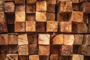 background of pattern wood section. Grid of wood squares. the raw of material timber on stack. photo