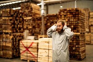 man workers engineering standing with confidence with working suite dress and hand glove in front machine. Concept of smart industry worker operating. Wood factory produce wood palate. photo