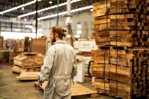 man workers engineering standing with confidence with working suite dress and hand glove in front machine. Concept of smart industry worker operating. Wood factory produce wood palate. photo
