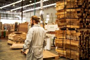 hombre trabajadores Ingenieria en pie con confianza con trabajando suite vestir y mano guante en frente máquina. concepto de inteligente industria trabajador operando. madera fábrica Produce madera paladar. foto