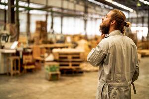 man workers engineering standing with confidence with working suite dress and hand glove in front machine. Concept of smart industry worker operating. Wood factory produce wood palate. photo