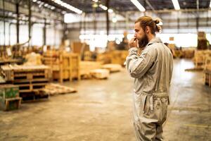 man workers engineering standing with confidence with working suite dress and hand glove in front machine. Concept of smart industry worker operating. Wood factory produce wood palate. photo
