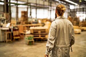 man workers engineering standing with confidence with working suite dress and hand glove in front machine. Concept of smart industry worker operating. Wood factory produce wood palate. photo