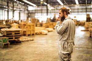 man workers engineering standing with confidence with working suite dress and hand glove in front machine. Concept of smart industry worker operating. Wood factory produce wood palate. photo