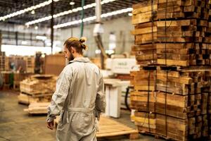 man workers engineering standing with confidence with working suite dress and hand glove in front machine. Concept of smart industry worker operating. Wood factory produce wood palate. photo