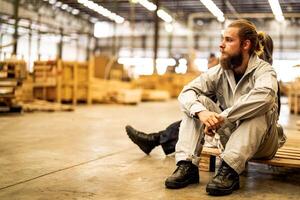 man workers engineering sitting with confidence with working suite dress and hand glove in front machine. Concept of smart industry worker operating. Wood factory produce wood palate. photo
